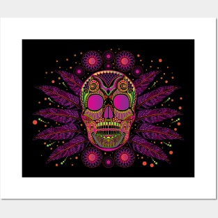 mexican sugar skull with feathers, bright neon colors Posters and Art